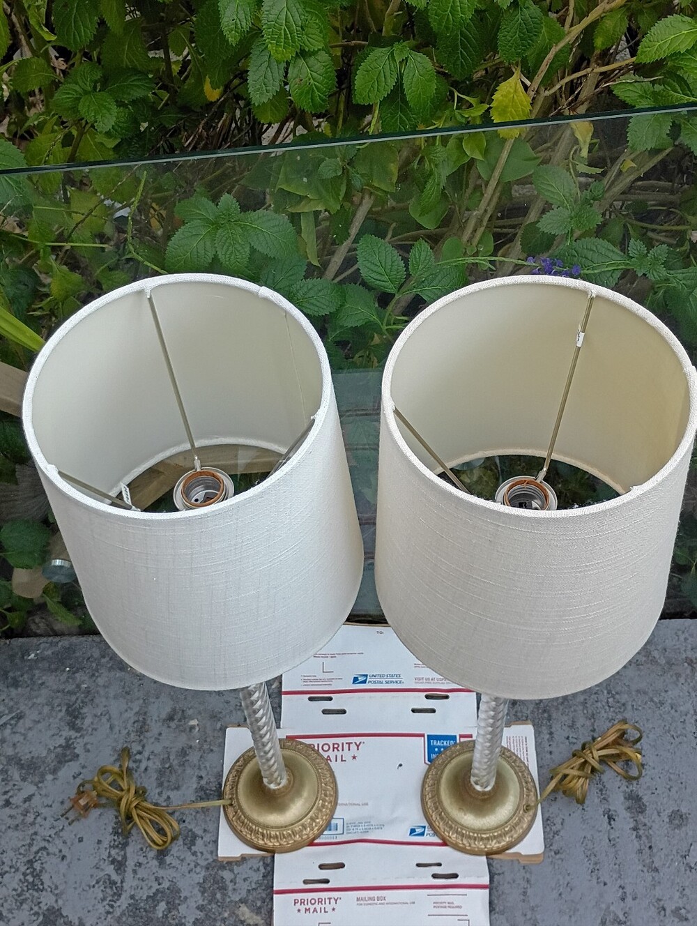 Vintage Gold and Cream Glass-Column Lantern Lamps - Pair - Picture 2 of 3